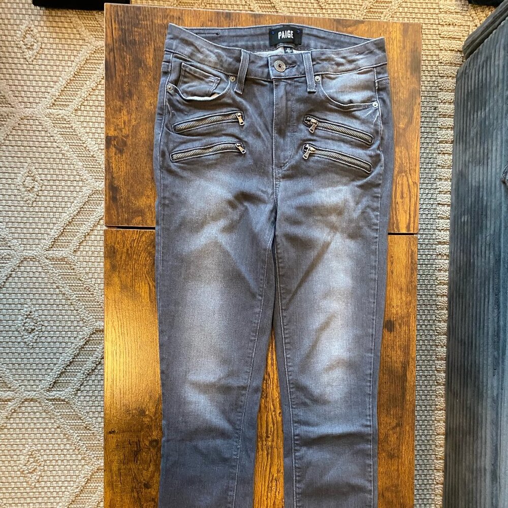 Paige High-Rise Edgemont Skinny Jeans – Light Wash Black/Grey, Size 27